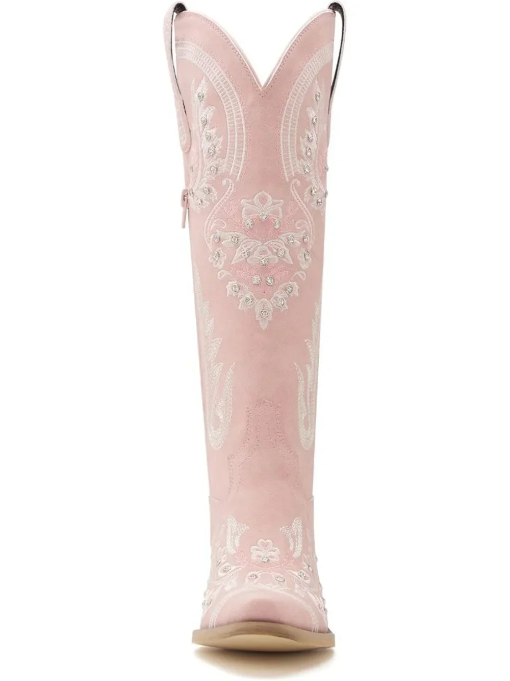 Women's Pink Knee High Embroidered Rhinestones Chunky Heel Tall Boots